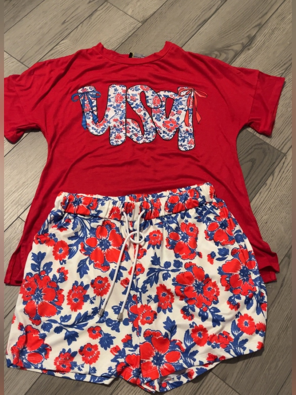 Red USA Graphic Tee with Floral Drawstring Shorts